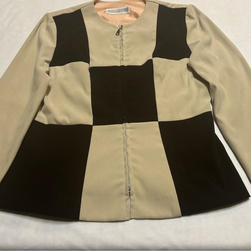 Vintage ‘90s Jessica Howard Beige & Black‎ Color Block Zip-Up Blazer S/M?